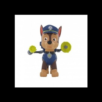 Figura de brinquedo do personagem Chase da Patrulha Pata com colete azul e distintivo amarelo