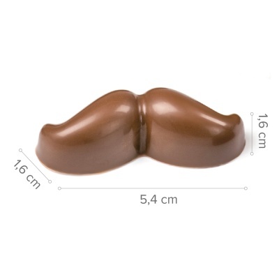 Chocolate em formato de bigode castanho brilhante com medidas indicadas.