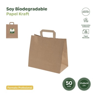Sacola biodegradável de papel kraft castanho com alça e texto informativo