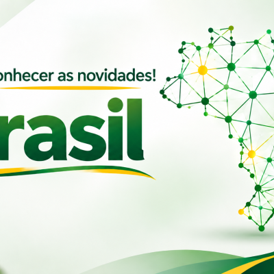 Imagem com texto Venha conhecer as novidades! Brasil e mapa do Brasil estilizado em verde e amarelo