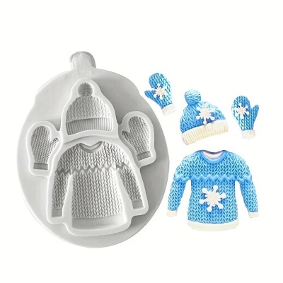 Molde de silicone branco com design de roupas de inverno em malha e exemplos em azul