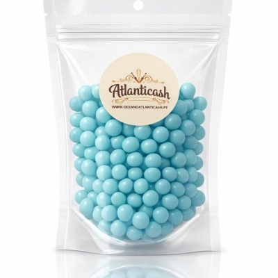 Saco transparente com bolas azuis e etiqueta Atlantica sh