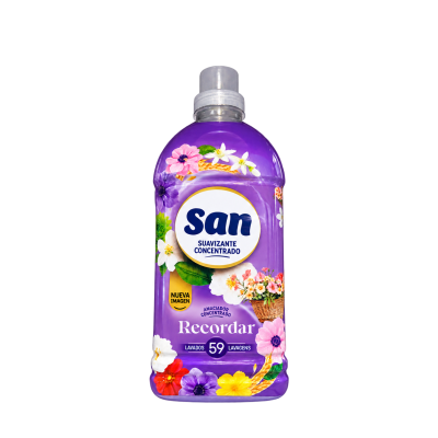 Garrafão violeta de amaciante concentrado San com flores e texto promocional