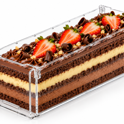 Bolo retangular de chocolate com morangos e avelãs em caixa transparente