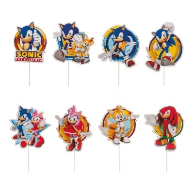 Toppers de bolo com personagens do Sonic the Hedgehog em cores azul, vermelho, rosa e amarelo.