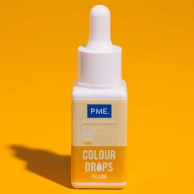 Frasco branco com conta-gotas e rótulo amarelo e bege com texto PME e COLOUR DROPS YELLOW