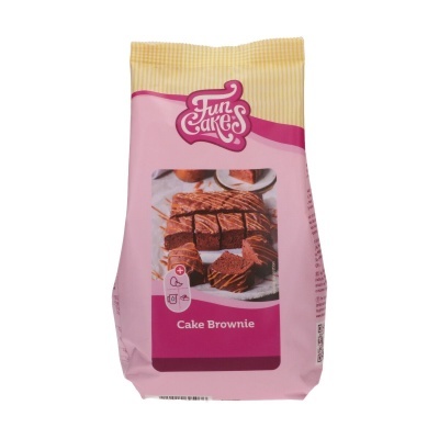 Embalagem cor-de-rosa e amarela de Fun Cakes Cake Brownie com imagem de brownies