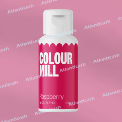 Frasco de óleo Colour Mill Raspberry com rótulo vermelho sobre fundo rosa