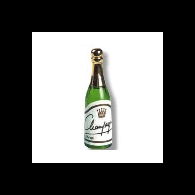 Miniatura de garrafa de champanhe verde com rótulo branco e tampa dourada