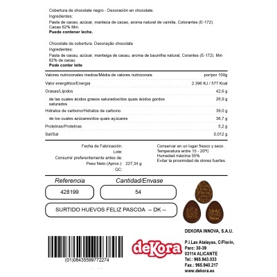 Etiqueta com informação nutricional e dados do fabricante do chocolate de cobertura Dekora