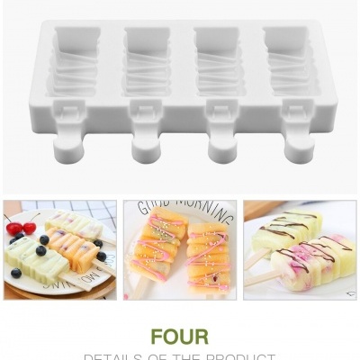 Forma de silicone branca para gelados com quatro cavidades e imagens de gelados em paus