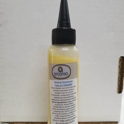 Frasco com aroma para panettone com tampa preta e etiqueta branca