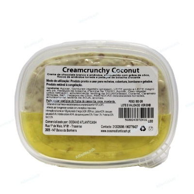 Embalagem plástica transparente com creme 'Creamcrunchy Coconut' e rótulo branco com texto em português