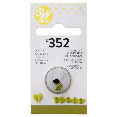 Aplicador metálico #352 para confeitaria Wilton em embalagem branca com texto e logo amarelo.