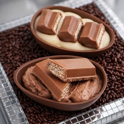 Ovos de chocolate com recheio e barras de chocolate sobre grãos de café