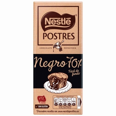 Embalagem de chocolate Nestlé Postres Negro 70% fácil de fundir com selo UTZ e indicação sem glúten