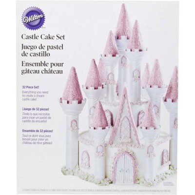 Conjunto para bolo de castelo Wilton com torres brancas e cúpulas cor-de-rosa brilhantes