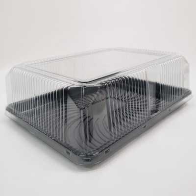 Embalagem plástica retangular com base preta e tampa transparente