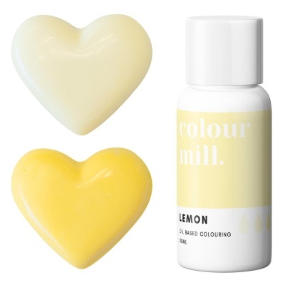 Frasco de corante amarelo 'colour mill LEMON' e dois corações de cera amarelo e branco