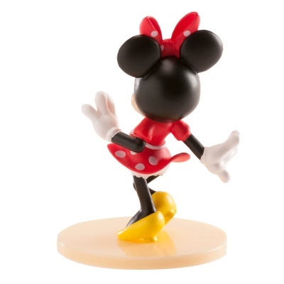 Figura Minnie Mouse com vestido vermelho de bolinhas brancas em cima de base circular bege