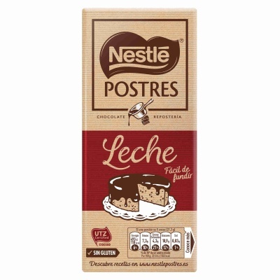 Embalagem Nestlé POSTRES Leche vermelho e castanho com ilustração de doce coberto de chocolate