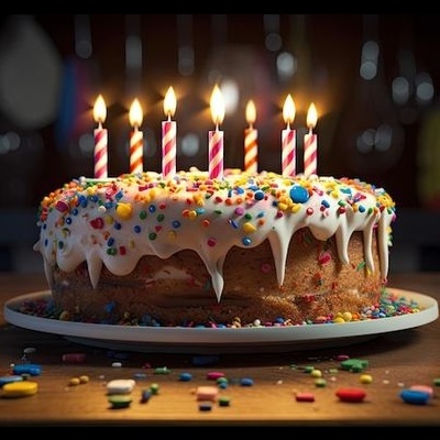 Bolo de aniversário com velas acesas, cobertura branca e confeites coloridos sobre prato branco e mesa de madeira.
