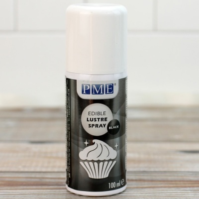Spray lustroso comestível PME preto com 100 ml, rótulo a preto e branco, imagem de cupcake.