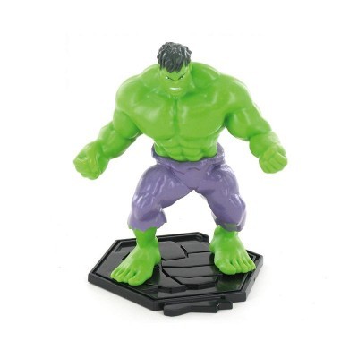 Figura de ação do Hulk em plástico verde e roxo sobre base preta