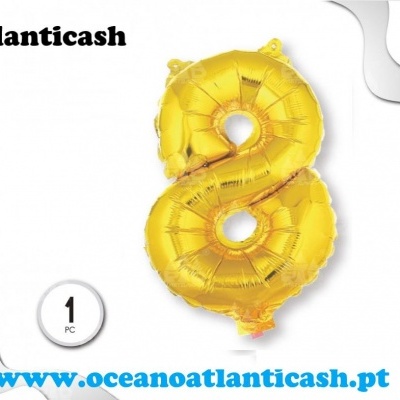 Balão dourado número 8 com texto Atlantcash e URL
