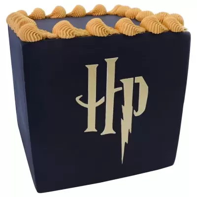 Produto quadrado preto com logotipo HP dourado e decoração castanha clara no topo