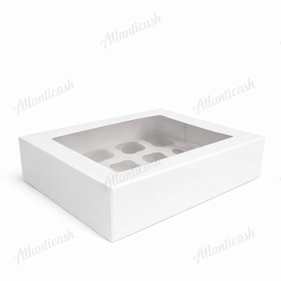 Caixa branca para 6 cupcakes com tampa transparente e divisórias internas