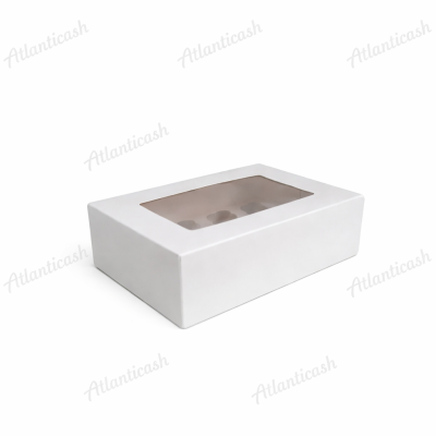 Caixa branca retangular com tampa de janela transparente