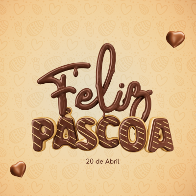 Fundo castanho claro com padrões de corações, texto em chocolate 'Feliz PÁSCOA 20 de Abril', corações de chocolate e coelho animado branco