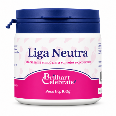 Frasco plástico branco com tampa azul e rótulo branco e rosa de Liga Neutra em pó para sorvetes e confeitaria da Brilhart Celebrate