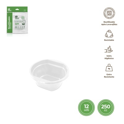 Recipiente plástico transparente 250 cc para armazenamento, embalagem verde e branca, 12 unidades