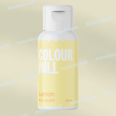 Frasco amarelo de óleo com tampa branca e texto COLOUR MILL Lemon OIL BLEND 20mL