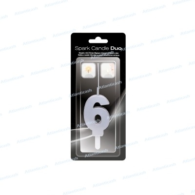 Vela número 6 branca em embalagem preta com texto Spark Candle Duo