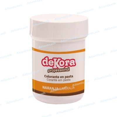 Frasco plástico branco de corante em pasta de cor laranja da marca deKora.