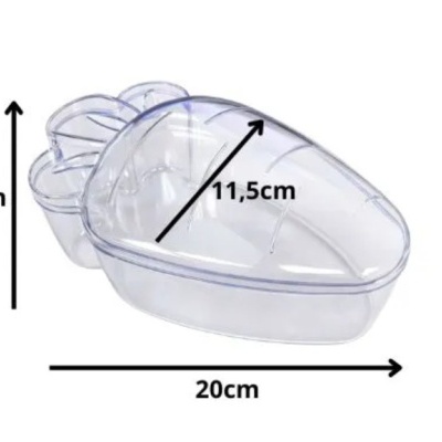 Recipiente transparente em forma de cenoura com compartimentos e dimensões