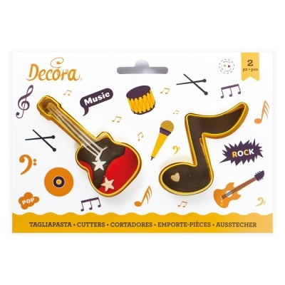 Conjunto de cortadores de massa guitarra e nota musical em embalagem decorada