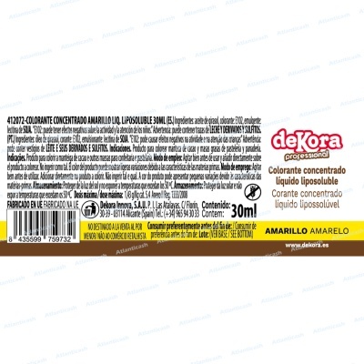 Rótulo de corante concentrado líquido lipossolúvel amarelo de marca deKora, 30 ml