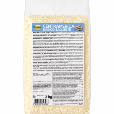 Pacote transparente com lascas brancas de queijo e rótulo azul e amarelo Master Martini Centramerica Bianco Sagliette