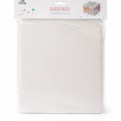Caixa de pastel branca para bolos embalada em plástico transparente com cabeçalho branco com texto e imagem ilustrativa