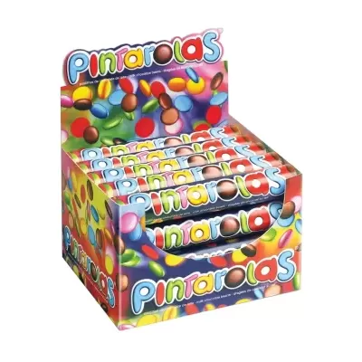 Expositor de lápis de cor com a palavra 'Pintarolas' colorida