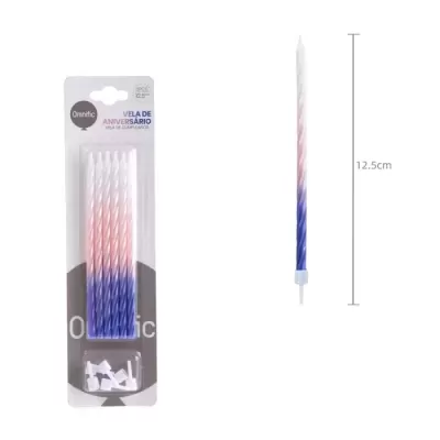 Conjunto de velas de aniversário em degradé rosa, branco e azul em embalagem transparente com texto