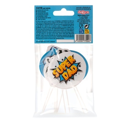 Topos de bolo SUPER DAD em azul, branco e amarelo em saco plástico da Dekora.