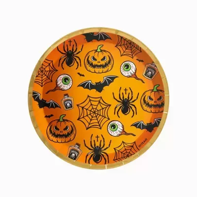 Prato de papel de Halloween laranja com aranhas, abóboras, morcegos e olhos