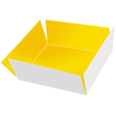 Caixa de papelão aberta com interior amarelo e exterior branco