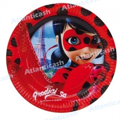 Prato de papel vermelho com pintas pretas e personagem animada Ladybug