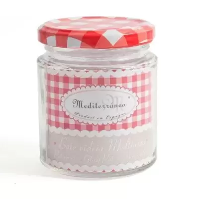 Frasco de vidro com tampa vermelha e branca às quadrículas e etiqueta rosa às quadrículas com texto Mediterraneo